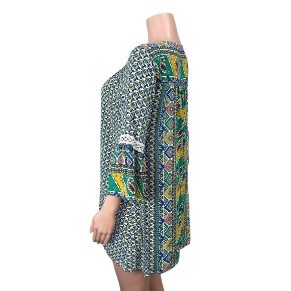Umgee Womens Boho Tunic Dress SZ M Paisley Multicolor 3/4 Bell Sleeves V-Neck - Picture 13 of 16